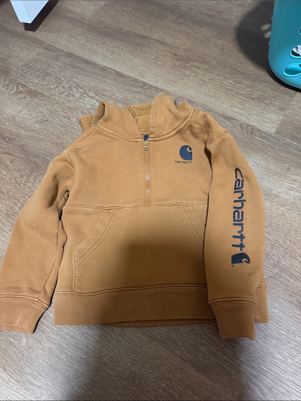 Carhartt Kids Tan Half-Zip Hooded Sweatshirt with Black Logos